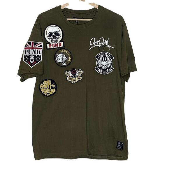 Punk Royal Men's Olive Green Graphic Print Crew Neck Tee w/ Patches Large NWT - Picture 1 of 8